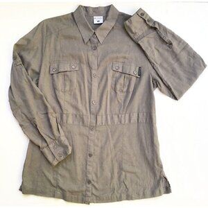 Columbia Casual Button Up Shirt Women's Large Gray Linen Roll Tab Sleeve Pockets